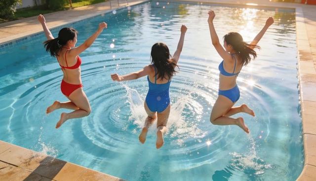 Jumping friends splashing in sunlit outdoor pool creating ripples joyful summer energy