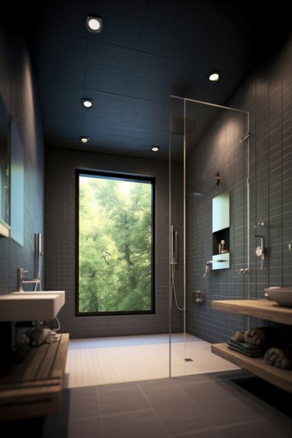 Modern bathroom with shower and basin, created using generative ai technology. Modern bathroom shower decor and interior design concept digitally generated image.