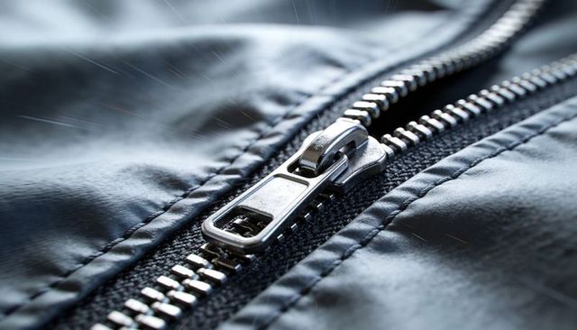 Shining metal zipper slider reflecting light on glossy jacket seam with water droplets