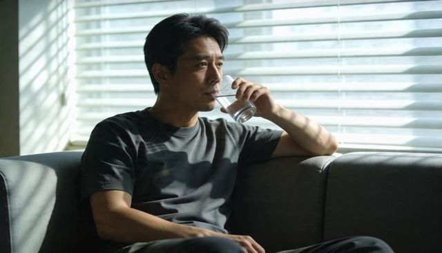 Contemplative asian man sipping water on gray sofa by window blinds in soft natural light