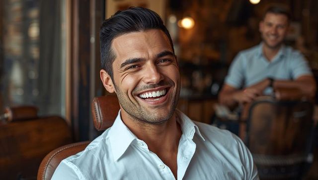 Confident man smiling in barber chair enjoying grooming and relaxed barbershop ambience