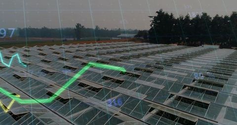 Drone Aerial of Solar Panel Array with Digital Data Overlay Showing Energy Trends