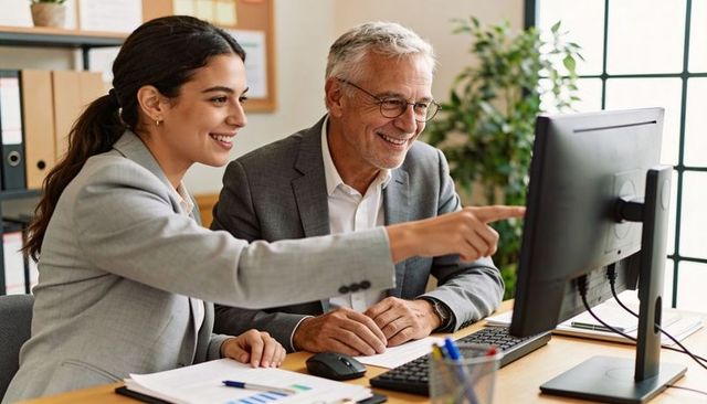Young Professional Mentoring Senior Executive at Desk Pointing to Report on Monitor