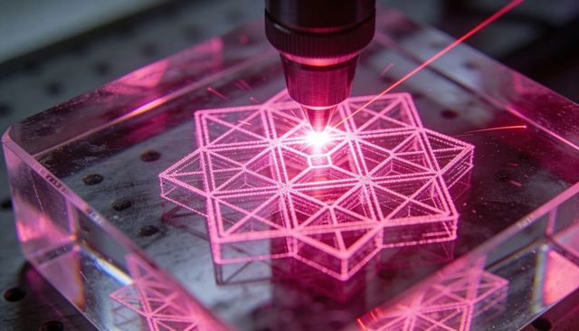 Pink Laser Engraving Geometric Hex Lattice on Acrylic Block for Precision Microfabrication