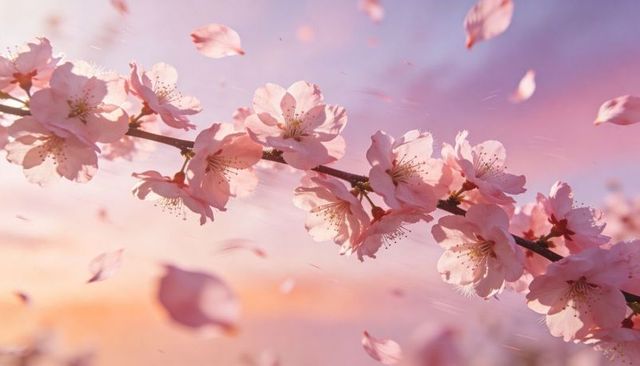 Pink Cherry Blossom Branch with Falling Petals in Pastel Sunset Light