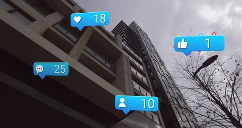 Social Media Notifications Floating Over Urban High-Rise Facade Against Cloudy Sky