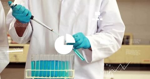 Pipetting blue reagent into test tubes by laboratory technician with data overlay