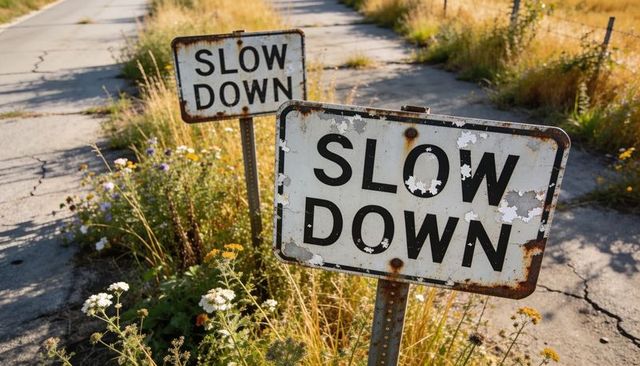 Rusting slow down signs standing among wildflowers, cracked pavement on rural road