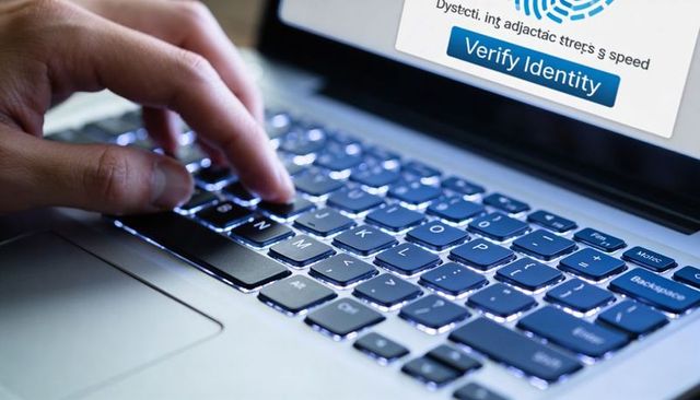 Pressing Finger on Backlit Laptop Key with Verify Identity Prompt for Biometric Security