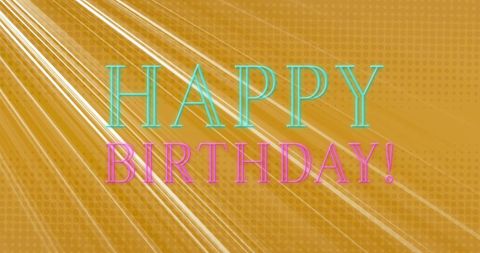 Neon happy birthday banner with light trails and yellow background