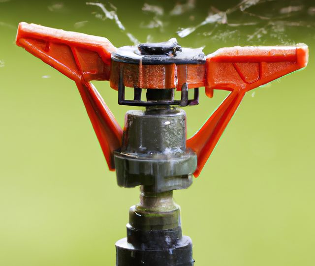 A detailed close-up of a garden sprinkler spraying water, ideal for illustrating topics related to irrigation, gardening, and lawn care. Suitable for articles, advertisements, or blogs about efficient water use, garden maintenance, or outdoor work equipment.