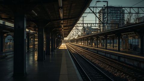 Empty Suburban Railway Station Sunset Convergence