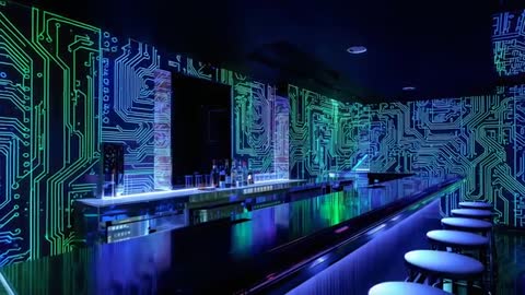 Futuristic Neon Circuit Lounge Bar with Pulsing LED Projections and Reflective Counter