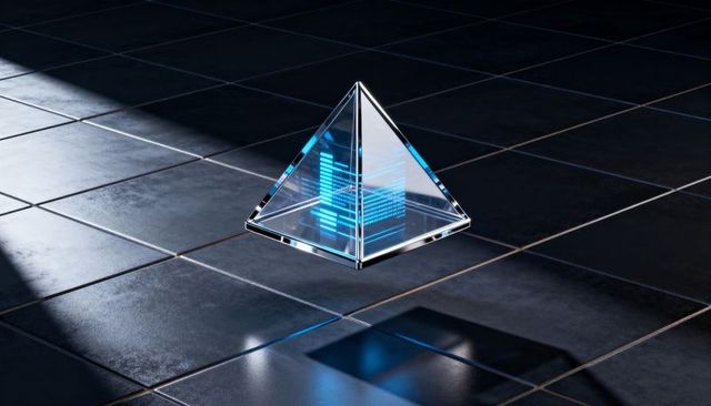 Hovering Glass Pyramid Projecting Blue Holographic Data Over Reflective Tiled Floor
