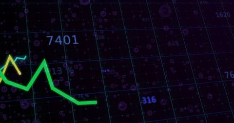 Displaying neon green line chart tracking market downturn on dark analytics grid