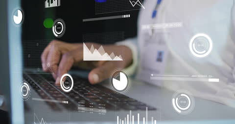 Businessman Analyzing Data with Interactive Infographics on Laptop