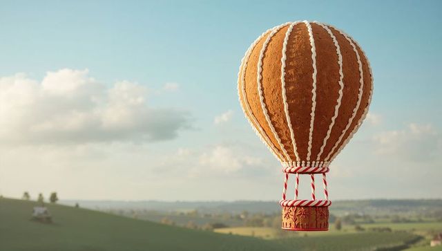 Drifting gingerbread hot air balloon over pastoral hills at golden hour