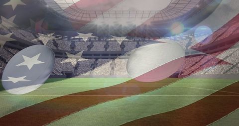 American Flag and Rugby Balls Over Stadium Signifying Competition