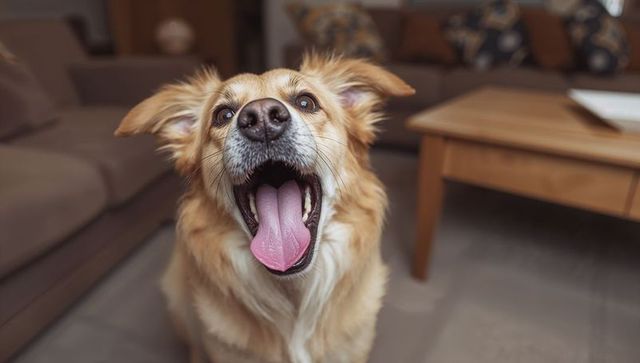 Joyful panting golden dog with tongue out closeup in cozy modern living room