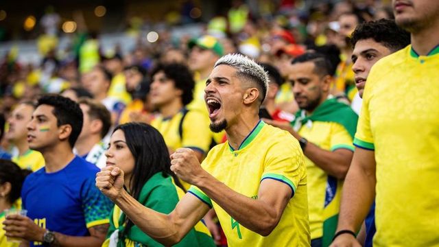 Passionate brazilian fans cheering in stadium — male supporter shouting and clenching fists