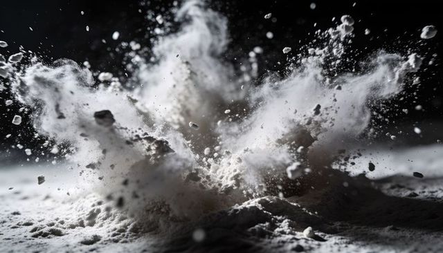 Exploding powder plume erupting into fine dust and flying rock debris, dramatic motion