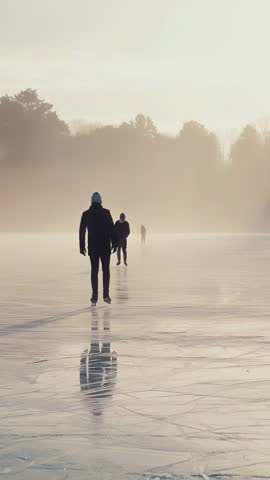 Vertical video of skater gliding across misty frozen lake toward camera with friends