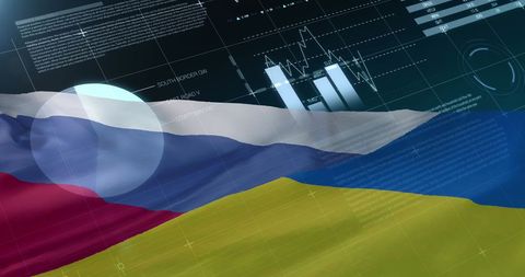 Financial data analysis overlay on russia and ukraine flags