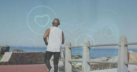Man Jogging Outdoors with Digital Connections Overlay