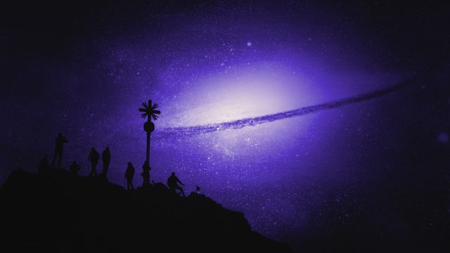 Silhouetted figures atop a hill observe a vibrant purple galaxy. This is perfect for content related to astronomy, spirituality, adventure, and exploration. Can be used in websites, blogs, posters, and social media posts focused on stargazing or cosmic events.