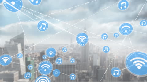 Digital Icons Networking Above City Skyline