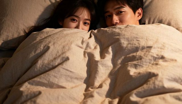 Couple sharing cozy linen duvet at night, intimate close-up of smiling pair