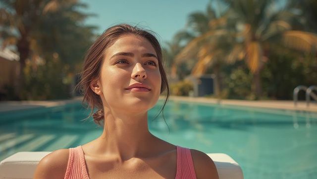 Relaxed Woman Sunbathing by Poolside in Tropical Resort