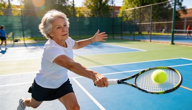Senior woman lunging and returning forehand on outdoor tennis court, athletic lifestyle