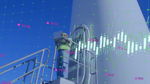 Engineer Analyzing Data Overlaid on Wind Turbine Technology