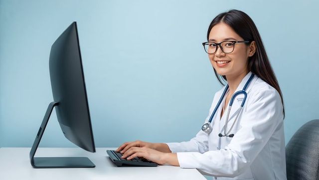 Smiling asian female doctor typing at computer with stethoscope for telehealth consults and ehr