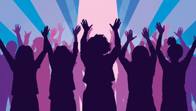 Silhouettes Raising Hands Toward Central Spotlight at Neon Concert with Stage Beams