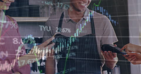 Digital Payment and Stock Market Data Overlay in Modern Cafe