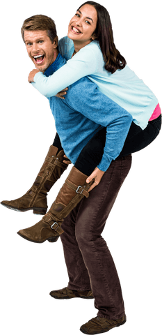 Happy couple having fun with boyfriend giving girlfriend piggyback
