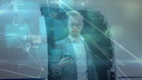 Businessman with Mobile in Front of Airplane with Digital Interface Overlay