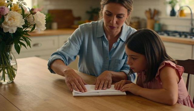 Mother teaching daughter folding napkin at sunlit kitchen table with fresh flowers