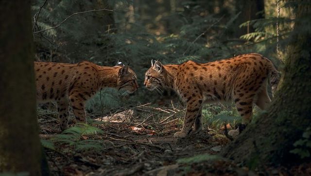 Eurasian lynx nose-to-nose encounter in mossy temperate forest, ferns and dappled light