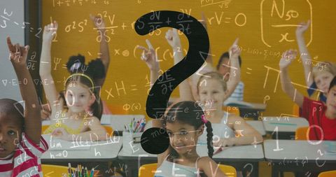 Diverse Classroom Learning with Math Symbols and Question Mark Overlay - Download Free Stock Images Pikwizard.com