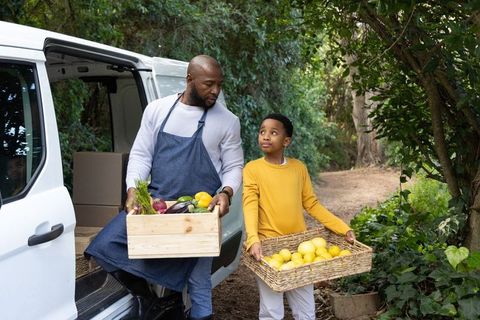 African american father and son carrying fresh produce from van through garden path