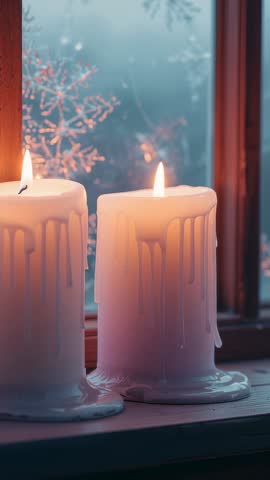Vertical video: Flickering melting pillar candles glowing on frosted winter window sill