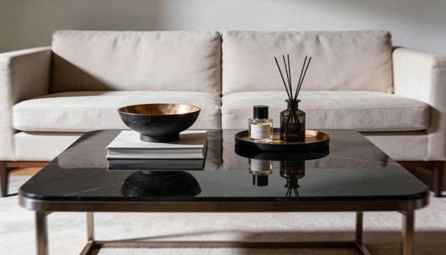 Reflective black marble coffee table with metallic bowl, books and reed diffuser