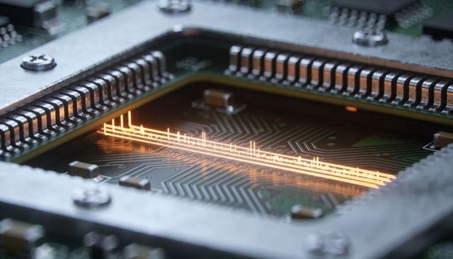 Glowing copper trace running along integrated circuit socket macro close-up