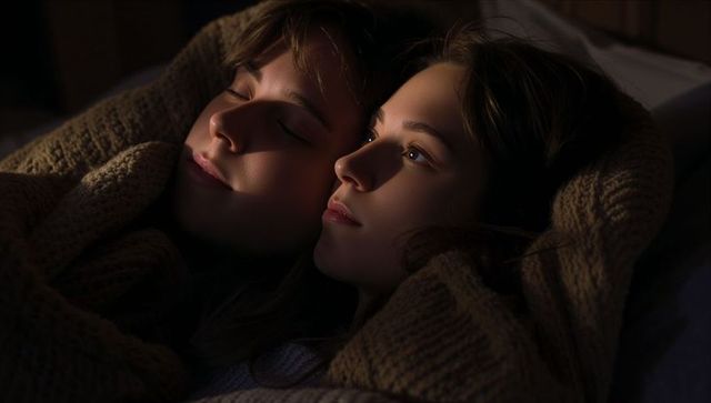 Teenage girls cuddling under chunky knit blanket at night sharing quiet cozy moment