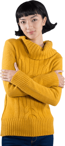 Confident Woman in Cozy Yellow Sweater Pose on Transparent Background
