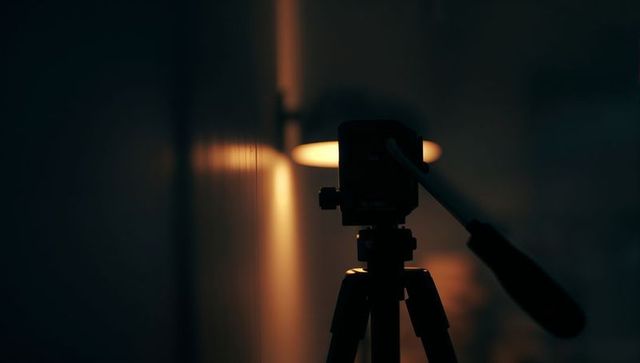 Tripod Head Silhouette Casting Warm Lamp Shadow on Corridor Wall Moody Cinematic Lighting