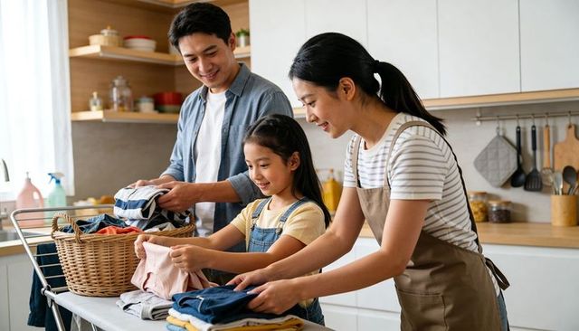 Family folding laundry together in bright kitchen, parents teaching daughter chores
